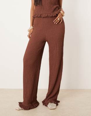 Asos Design Frill Hem Textured Wide Leg Pants In Brown