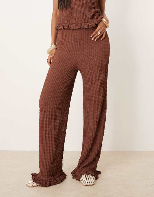 ASOS DESIGN frill hem textured wide leg pants in brown - part of a