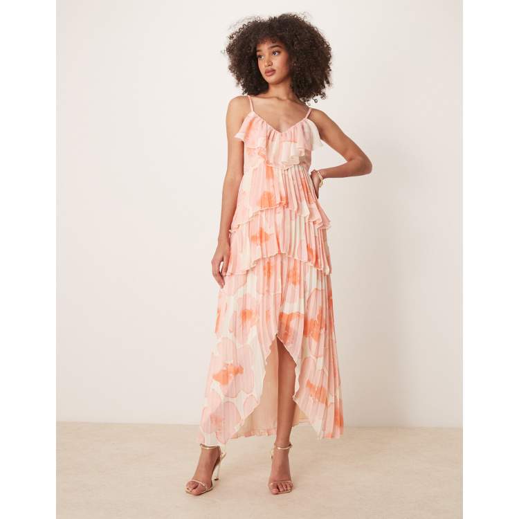 Olympe pink pleated tiered midi dress
