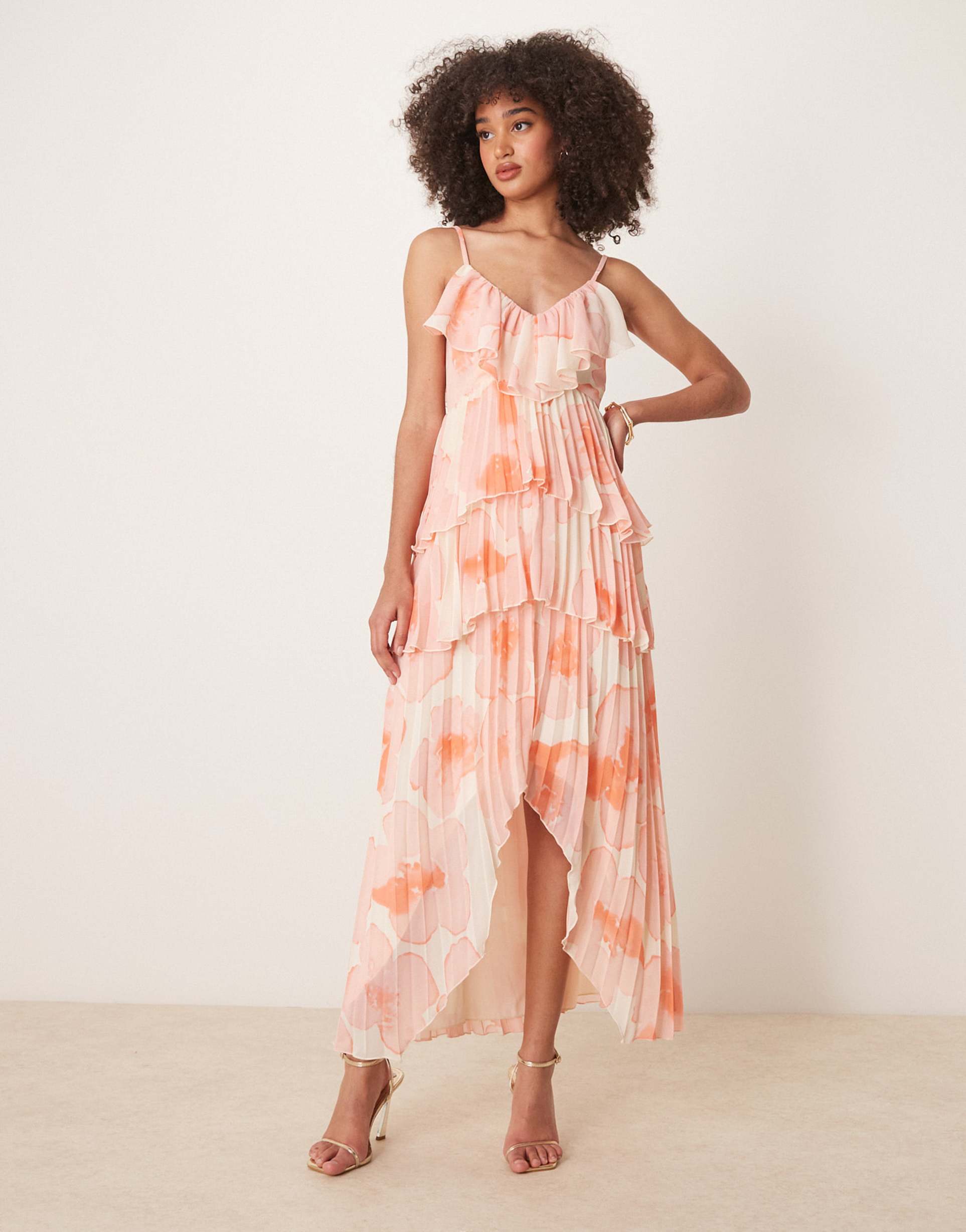 asos design frill layered asym pleat dress in watercolor floral print