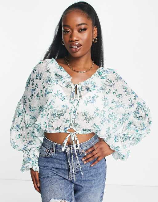 ASOS DESIGN tie front sheet blouse with frill neck in blue bright floral