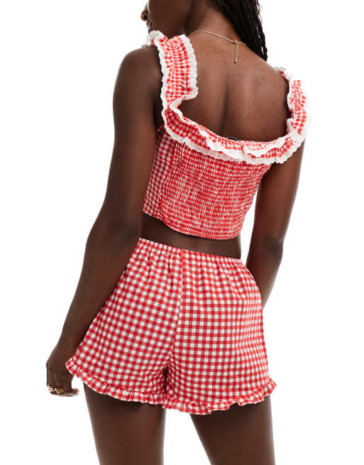 ASOS DESIGN frill micro short in red gingham, 4 of 5