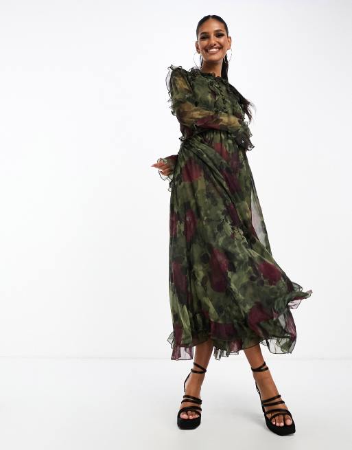 ASOS DESIGN Maternity tie front button through midi dress with floral  embroidery in forest green