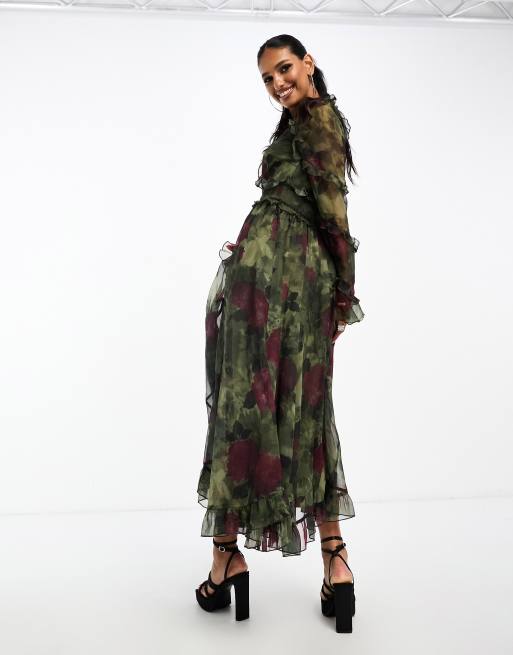 green floral button dress The Green Lapel Button Up Floral Midi Dress