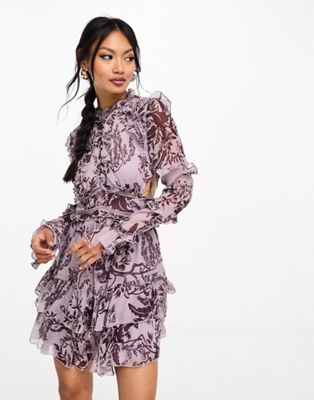 ASOS DESIGN frill mini dress with button detail in dusty purple toile du jouy | ASOS