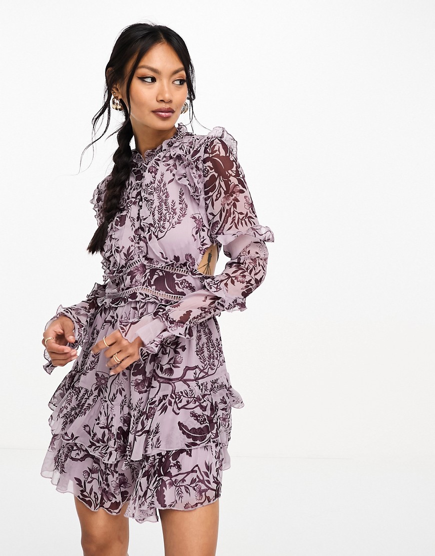 ASOS DESIGN frill mini dress with button detail in dusty purple toile du jouy-Multi