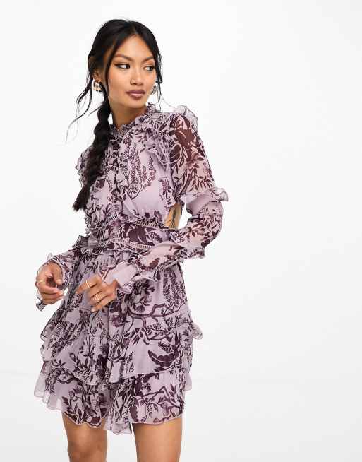 ASOS DESIGN frill mini dress with button detail in dusty purple toile du  jouy