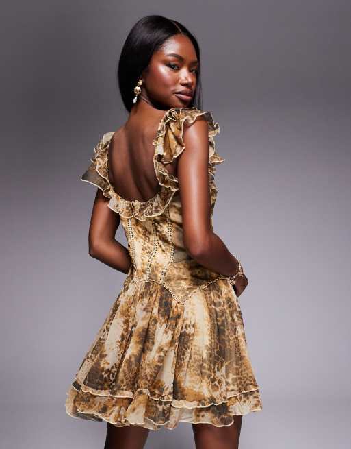ASOS DESIGN frill mini dress with corset drop waist detail in animal print