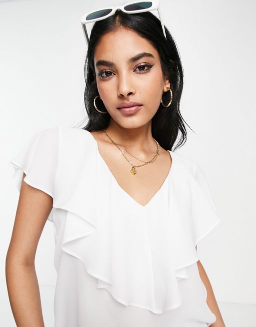 ASOS DESIGN ruffle blouse with tie front in ivory
