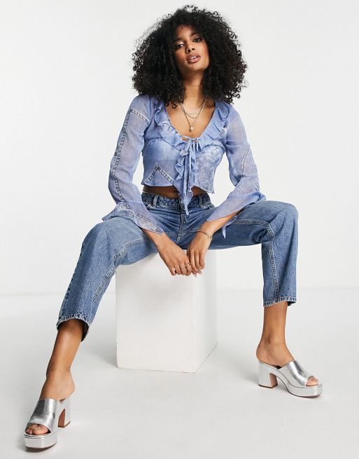 ASOS DESIGN frill neck blouse with flare sleeve in denim print