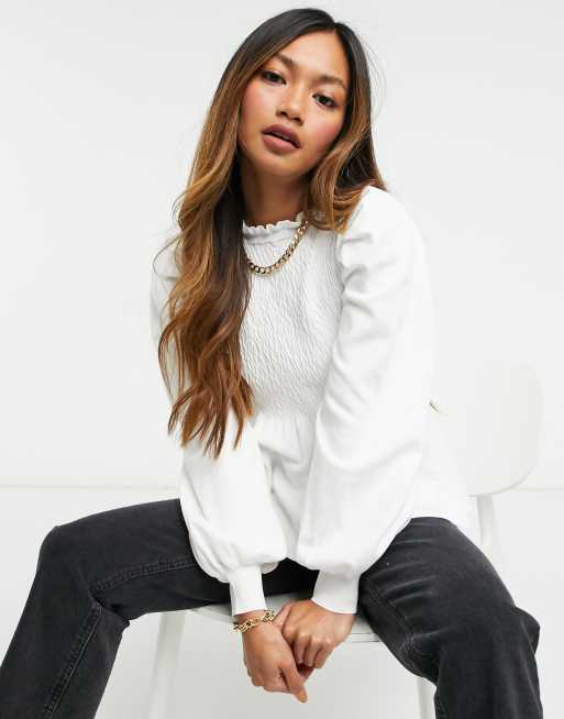 ASOS DESIGN frill neck jumper with shirred body in cream ASOS