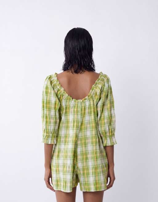ASOS DESIGN frill neck playsuit in green gingham print, 4 of 4