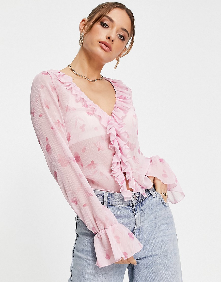 ASOS DESIGN frill neck volume sleeve top with button front in pink floral-Multi