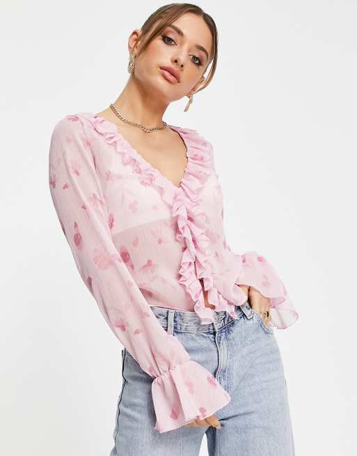 ASOS DESIGN frill neck volume sleeve top with button front in pink floral