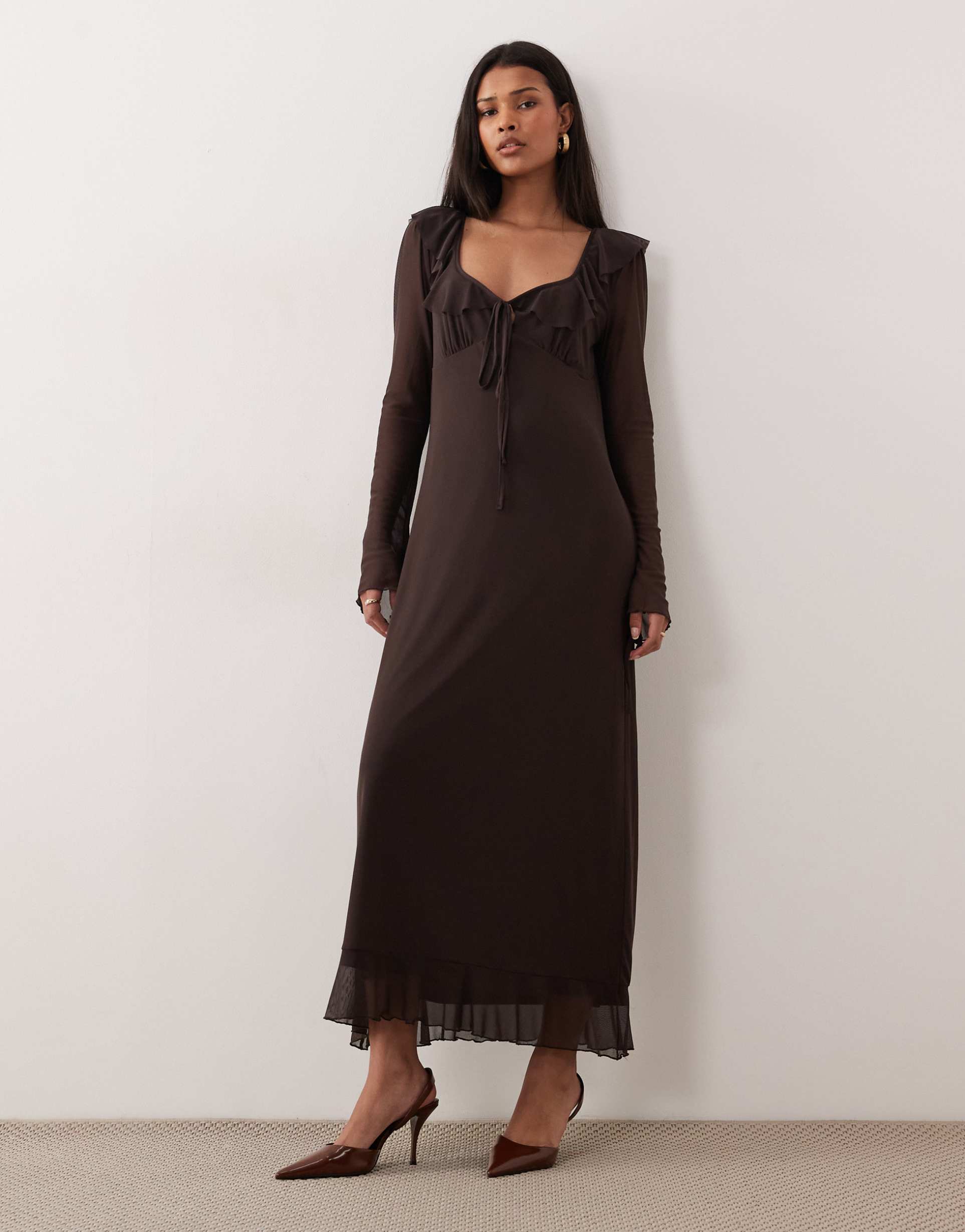 asos design frill neckline long sleeve mesh midi dress