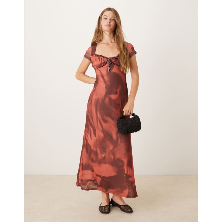 asos red floral dress ASOS DESIGN printed mesh draped blouson maxi dress in red floral