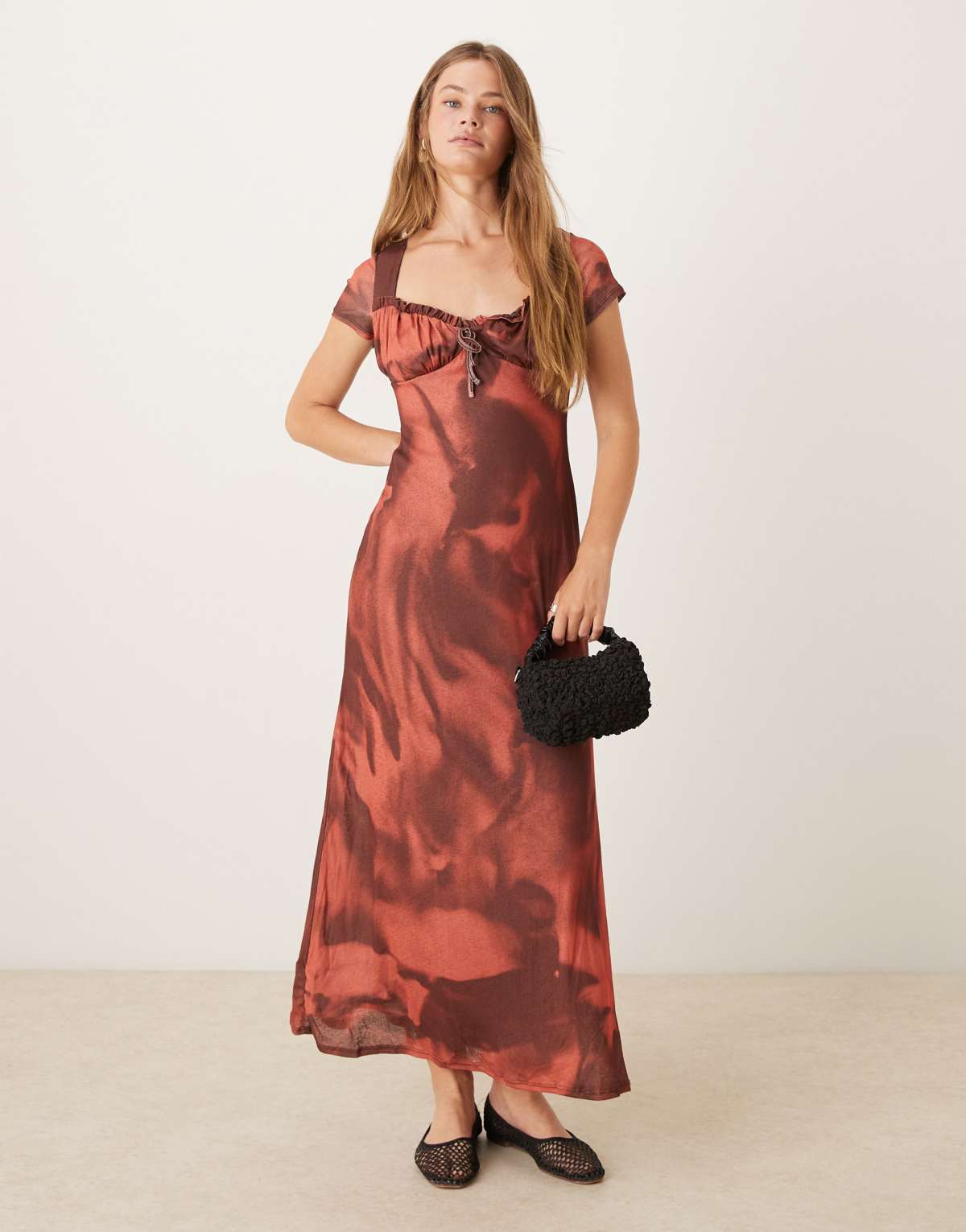 ASOS DESIGN frill neckline printed maxi dress in red abstract floral
