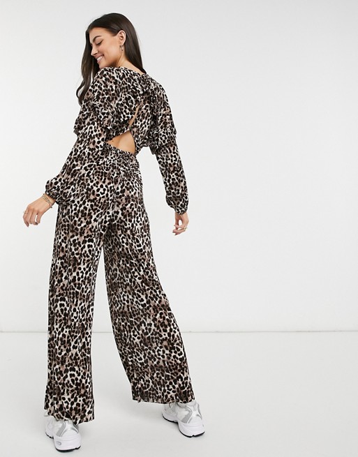 ASOS DESIGN frill open back long sleeve plisse tea jumpsuit in leopard print