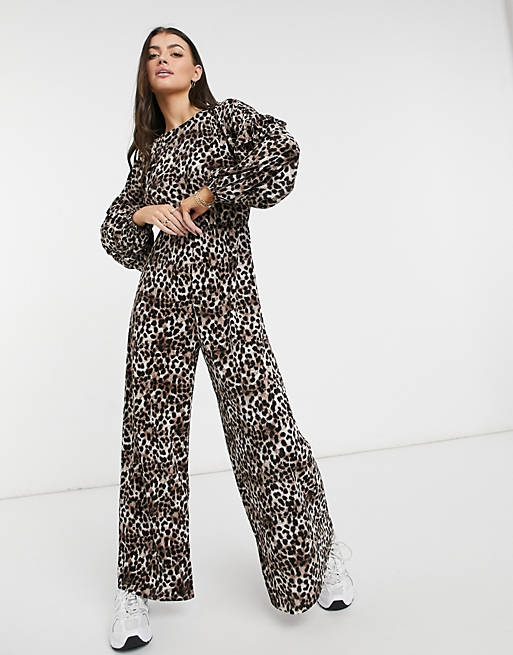 Women frill open back long sleeve plisse tea jumpsuit in leopard print 