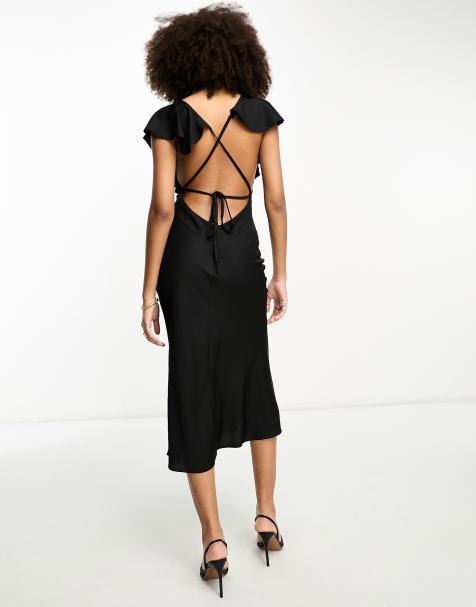 ASOS DESIGN satin halter maxi dress with fringe scarf detail in black