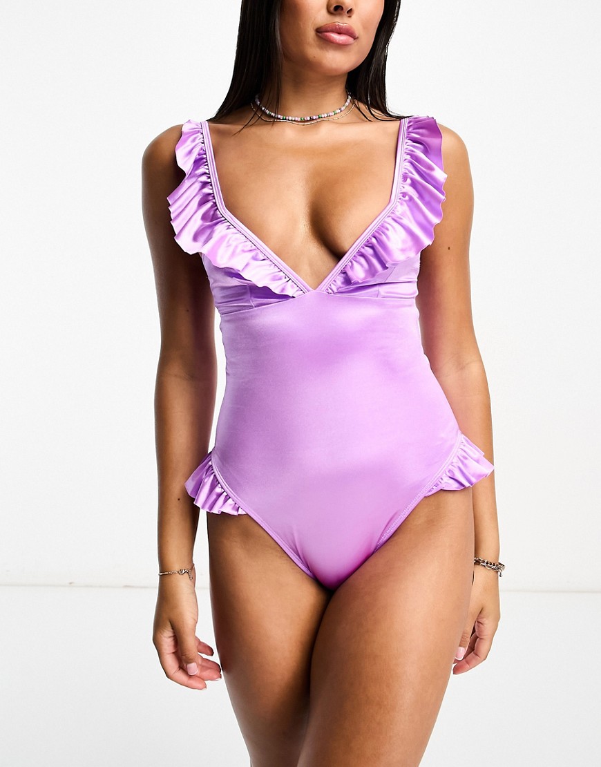 ASOS DESIGN frill plunge swimsuit with seam detail in lilac-Purple
