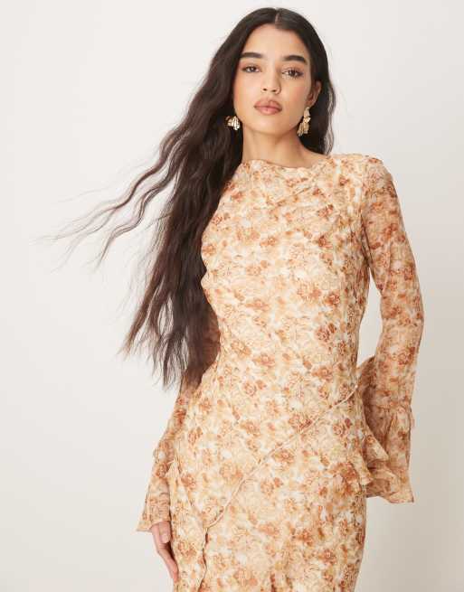 ASOS DESIGN frill seam detail maxi dress in brown vintage floral