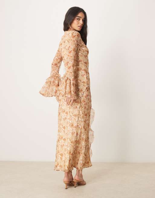 ASOS DESIGN frill seam detail maxi dress in brown vintage floral