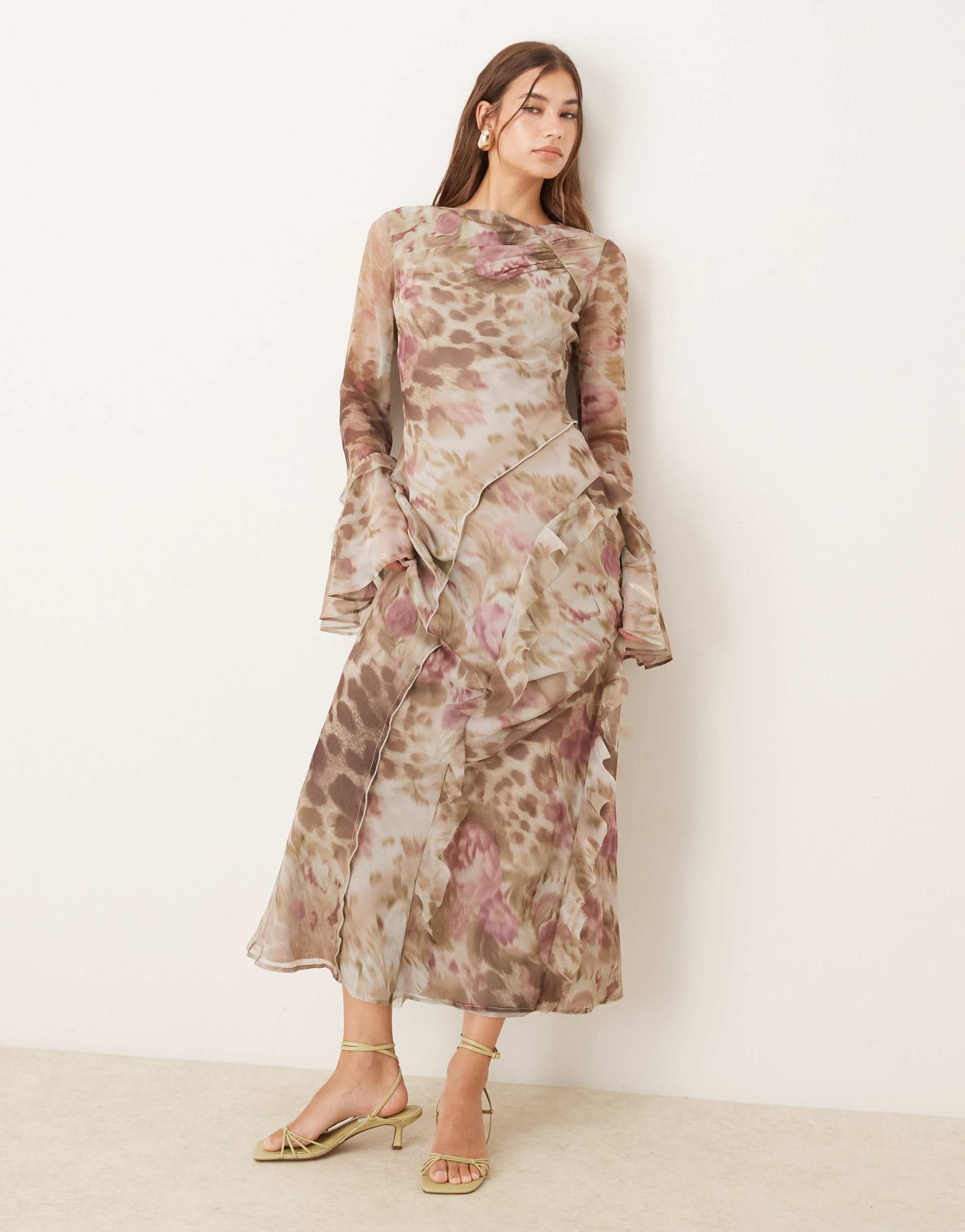 asos design frill seam detail maxi dress in floral animal print