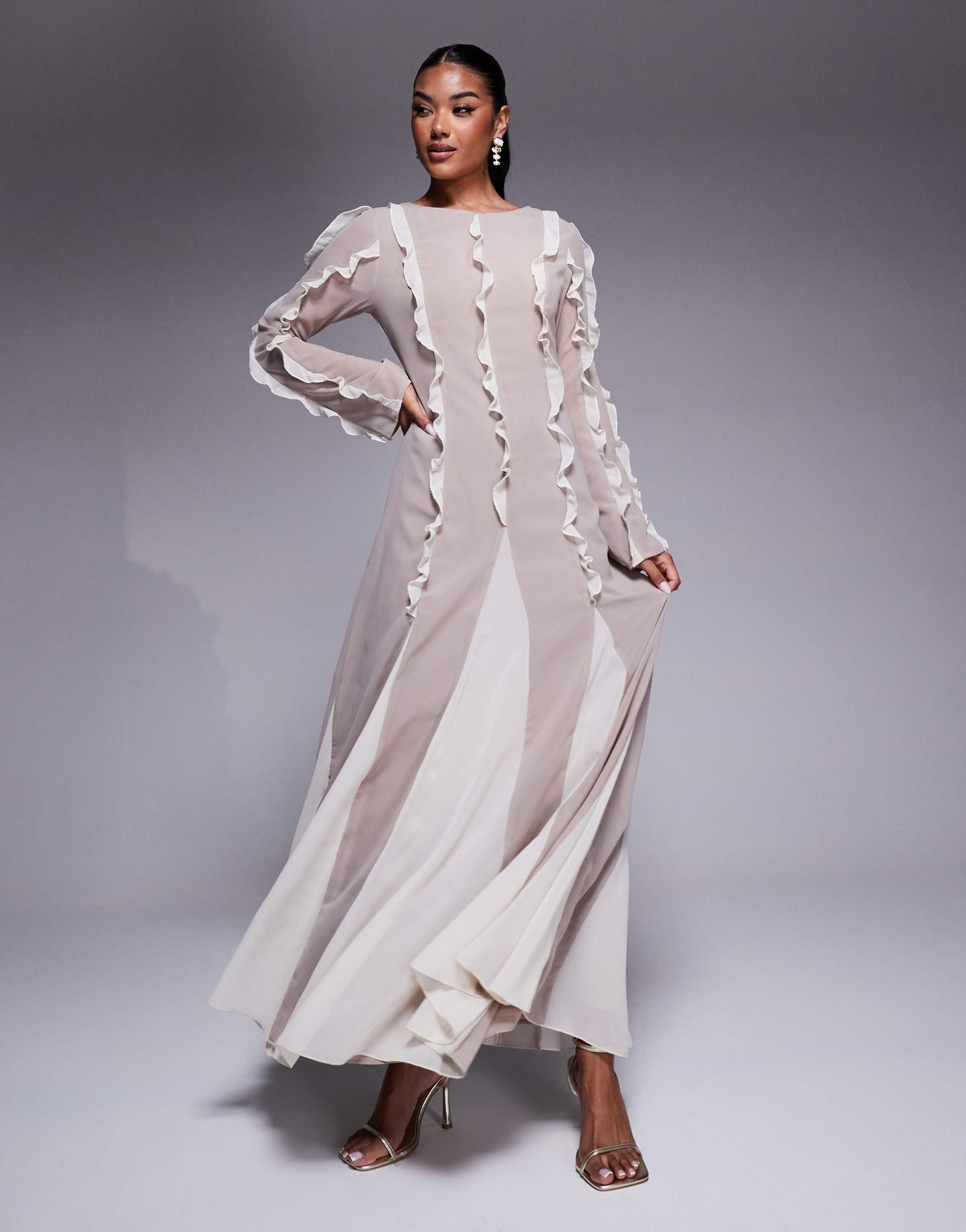 asos design frill seam detail maxi dress with godet hem in stone & cream color block