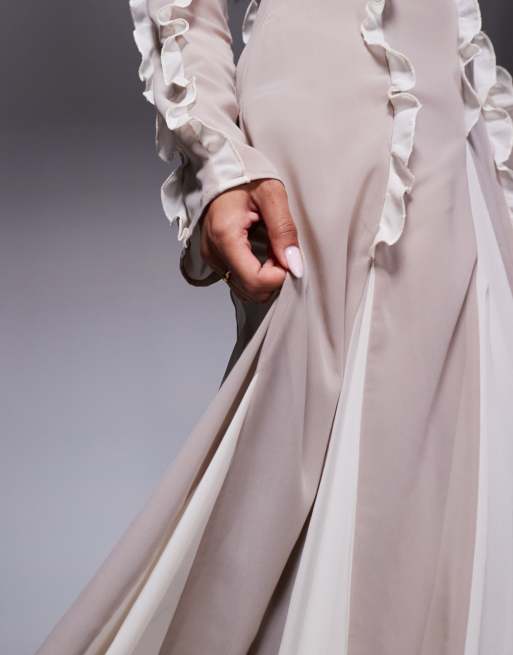ASOS DESIGN frill seam detail maxi dress with godet hem in stone & cream  color block | ASOS