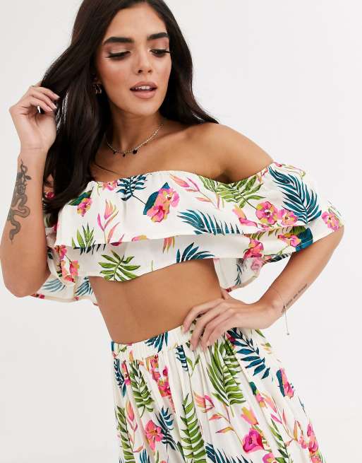  ASOS DESIGN frill sleeve beach co-ord in bright tropical floral print, 2 of 3