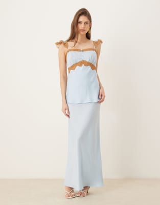 Asos Design Frill Sleeve Cami Overlay Satin Maxi Dress In Blue