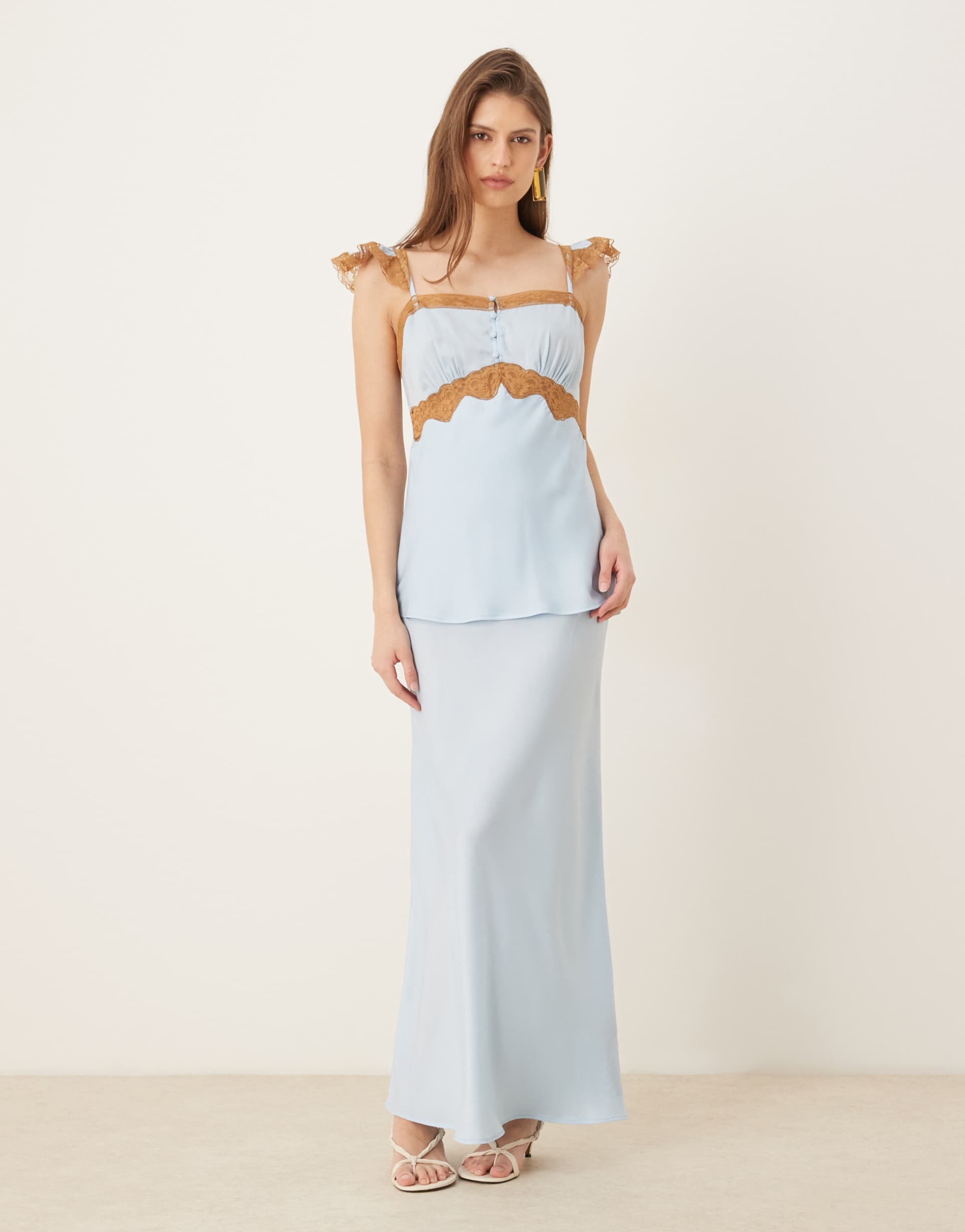 asos design frill sleeve cami overlay satin maxi dress in blue