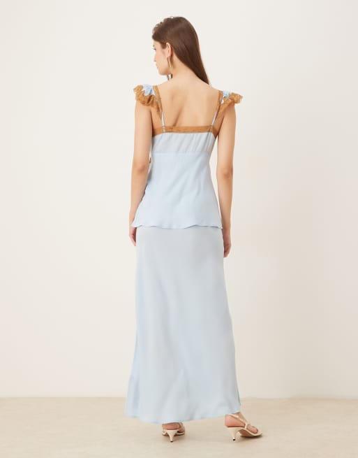 ASOS DESIGN frill sleeve cami overlay satin maxi dress in blue, 3 of 4