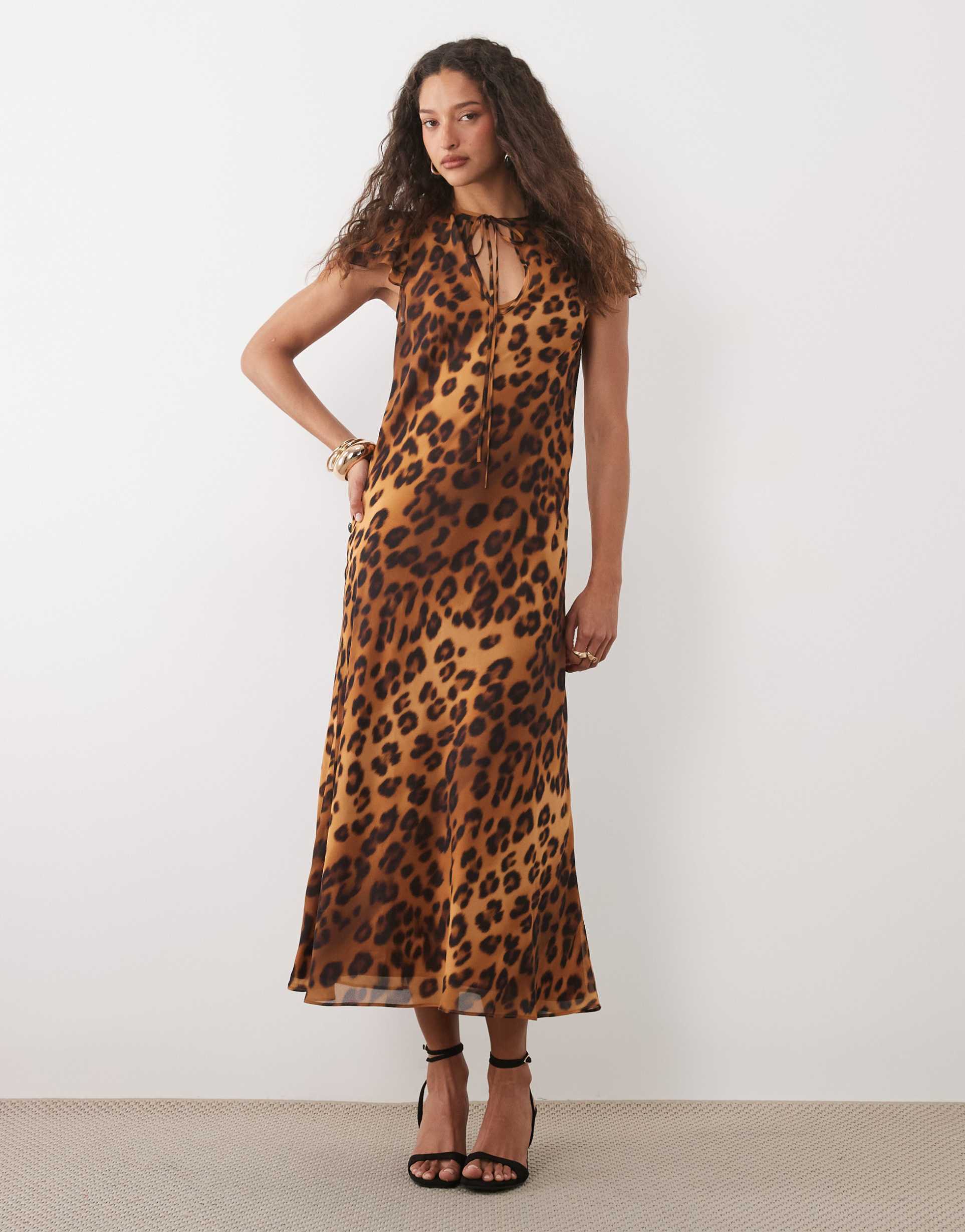 asos design frill sleeve chiffon maxi dress in leopard print
