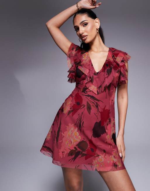 ASOS DESIGN frill sleeve chiffon mini dress in pink floral print