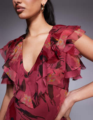 Asos Design Frill Sleeve Chiffon Mini Dress In Multi