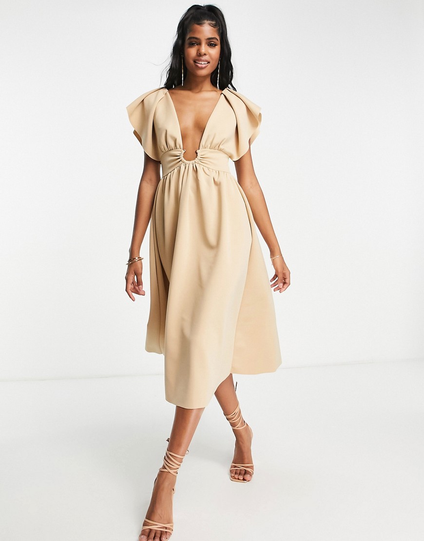ASOS DESIGN frill sleeve gold ring soft prom midi dress in stone-Neutral