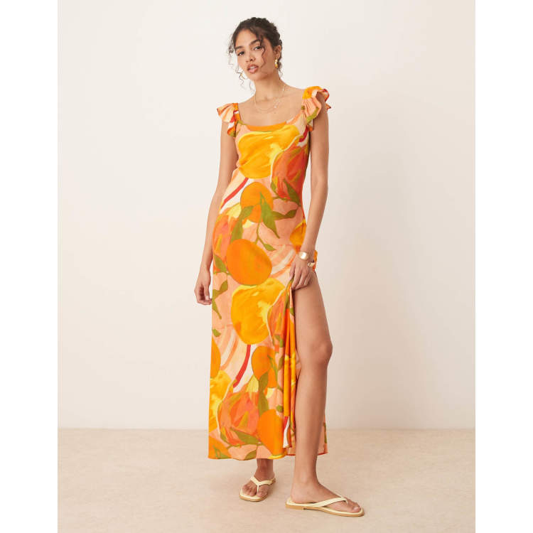 ASOS DESIGN frill sleeve maxi dress in orange fruit print | ASOS