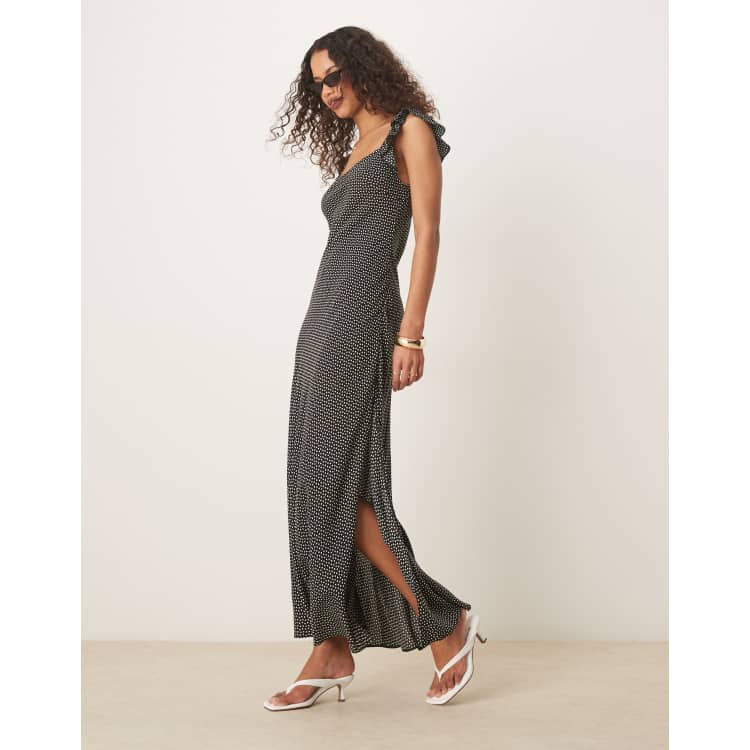 blue polka dot dress asos ASOS DESIGN mesh maxi dress with ruching and frill details in blue polka dot  print