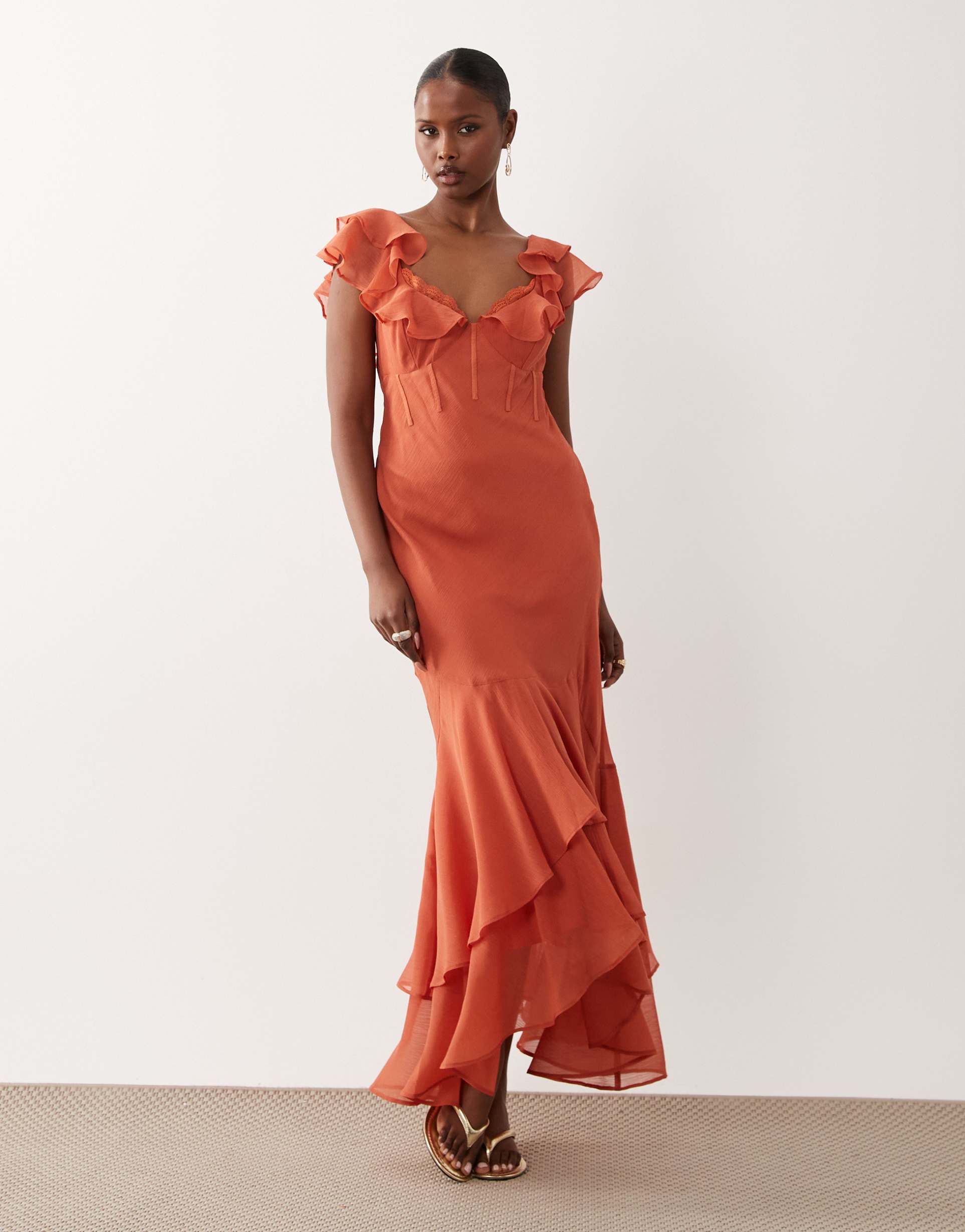 asos design frill sleeve maxi dress with fishtail hem in terracotta