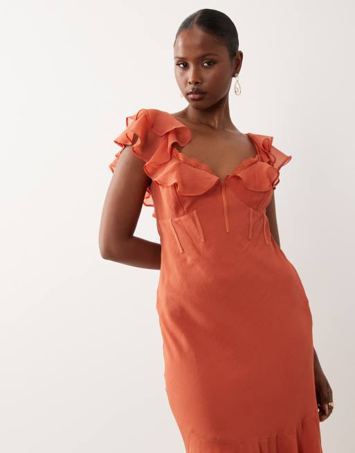 ASOS DESIGN frill sleeve maxi dress with fishtail hem in terracotta, 4 of 4