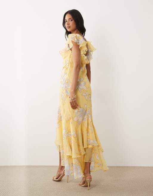 ASOS DESIGN frill sleeve maxi dress with fishtail hem in yellow floral print, 2 of 4