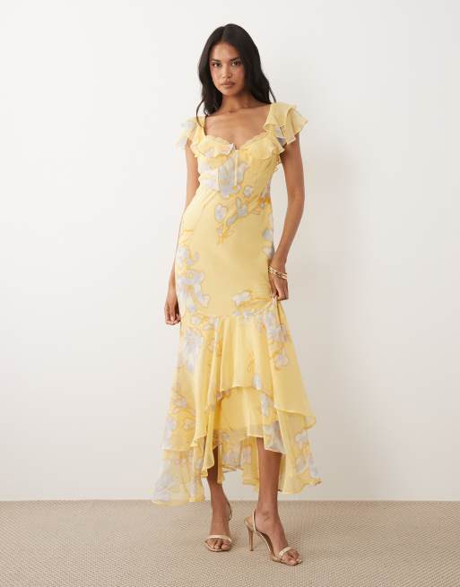 ASOS DESIGN frill sleeve maxi dress with fishtail hem in yellow floral  print | ASOS