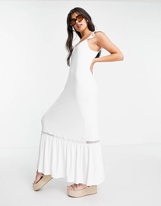 ASOS DESIGN frill sleeve maxi sundress with lace inserts in white