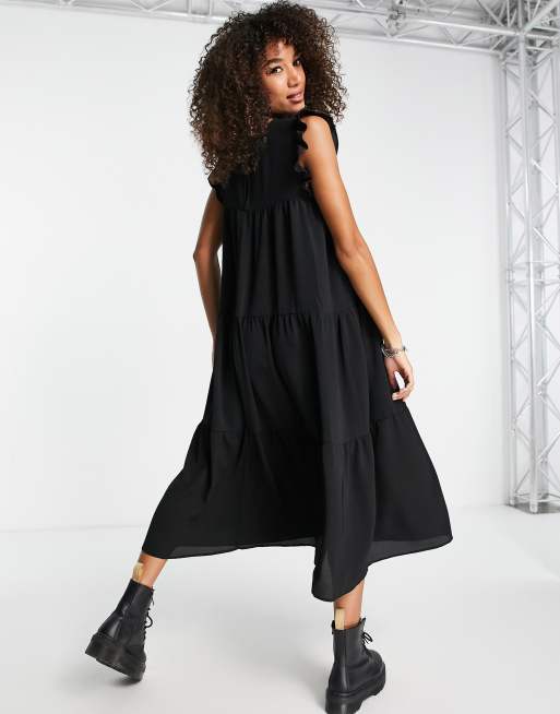 ASOS DESIGN frill sleeve midi dress in black