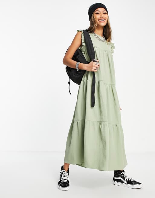 ASOS DESIGN frill sleeve midi dress in pale khaki
