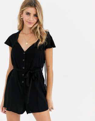 black frill sleeve tie back playsuit