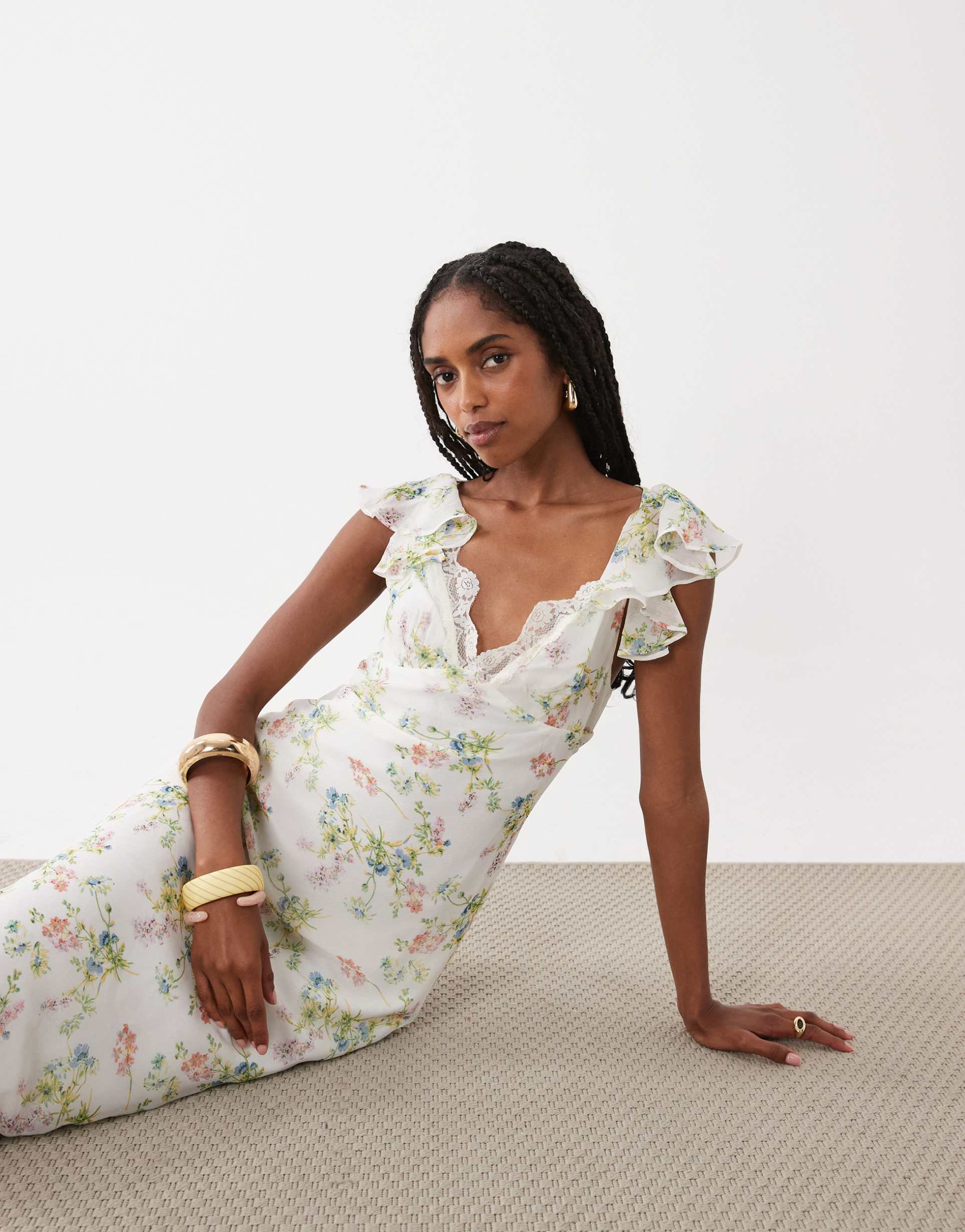 asos design frill sleeve sweetheart neck midi dress in navy spot print
