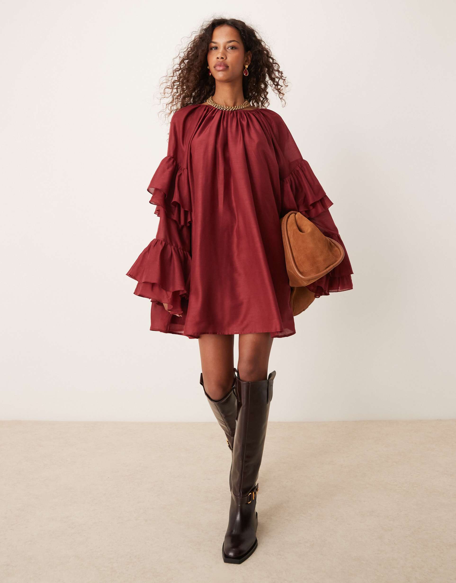 asos design frill sleeve voile mini dress in burgundy